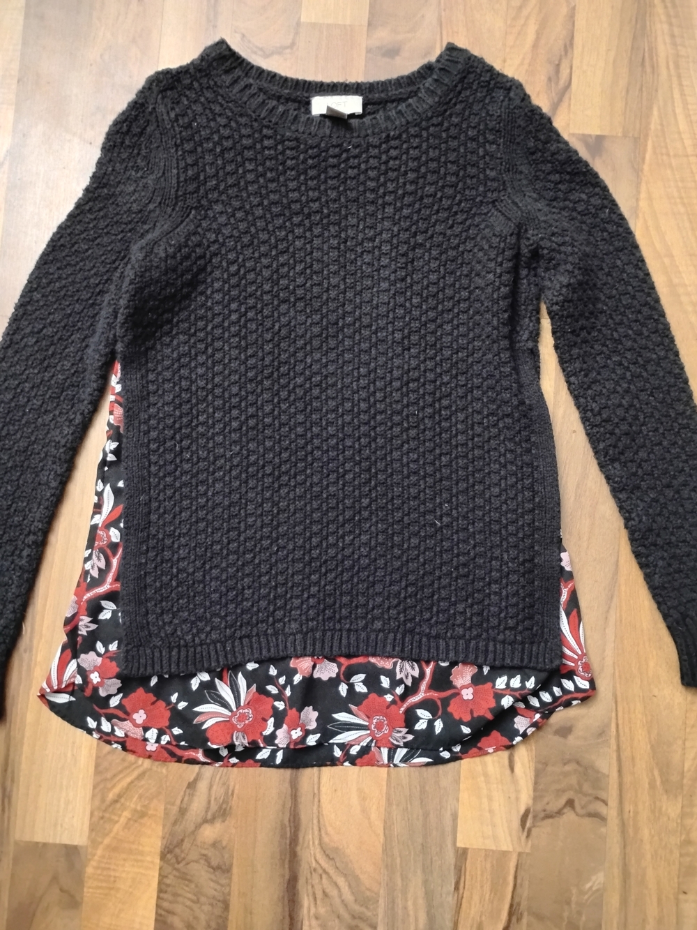 LOFT Black Knit Crewneck Sweater with Red Floral Hem